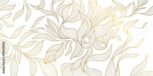 Vector art deco flower pattern background, gold line art, nature floral illustration. Hand drawn wavy plants for packaging, cover, banner, creative post and wall arts. Japanese style. #686631060