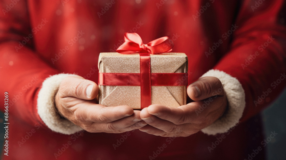 Closeup of santa hands holding christmas gift box with red ribbon.