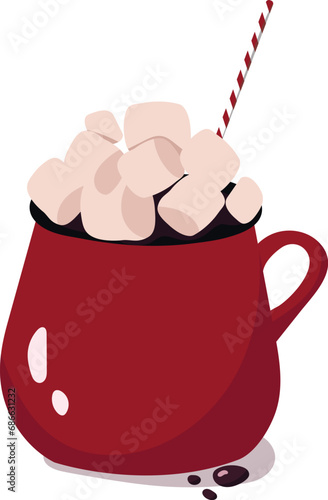 vector cartoon illustration of hot chocolate isolated on transparent background. cute winter cocoa with marshmallow in red cup. christmas drink with candy cane