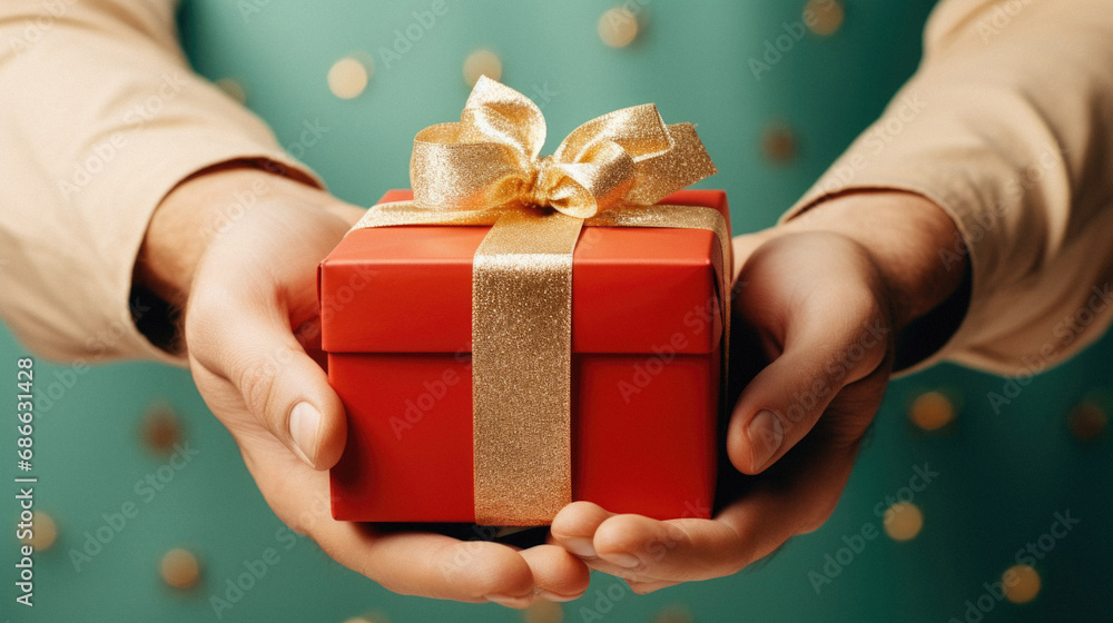 Female hands holding red gift box with gold bow on background. Close up. Female hands holding red gift box with gold bow on background. Close up.