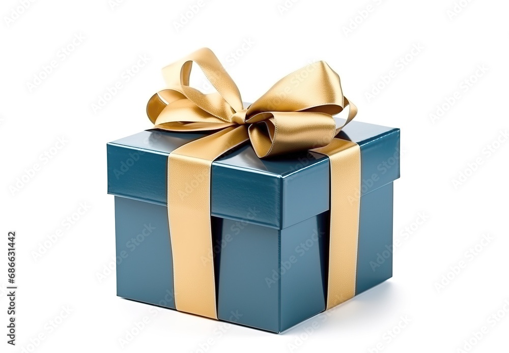 Blue gift box with golden ribbon isolated on white background Blue gift box with golden ribbon isolated on white background