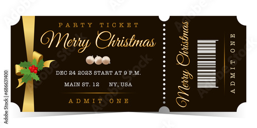 Merry Christmas elegant horizontal party ticket for admit one with gold bow