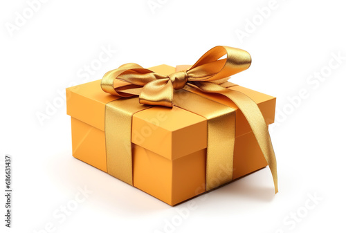 Yellow gift box with golden ribbon isolated on white background