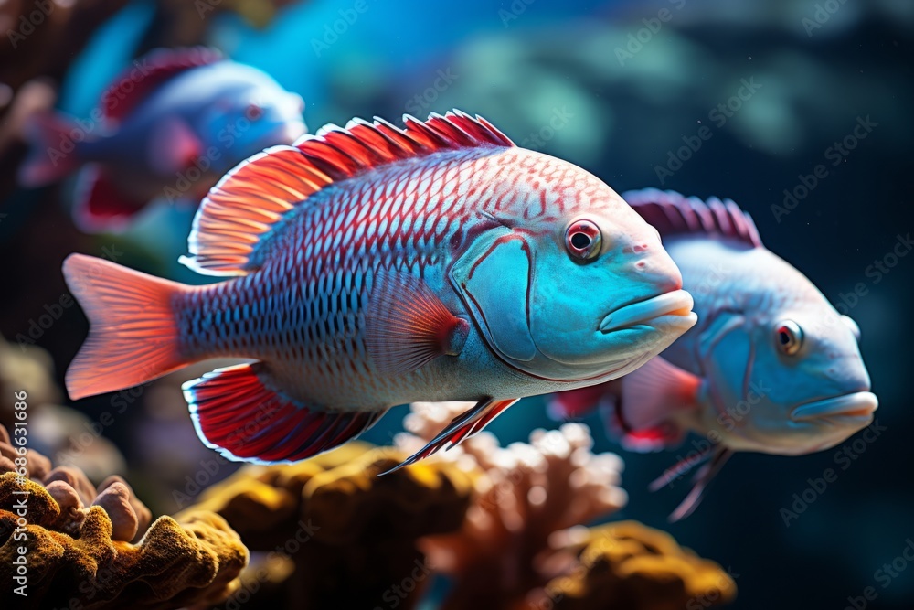 Fototapeta premium School of vibrant parrotfish grazing on coral polyps, essential for reef health, Generative AI