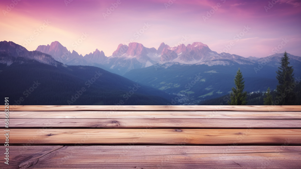 Wooden table top with a blurred mountain landscape at dusk purple sunset in forest woodland natural background landscape.