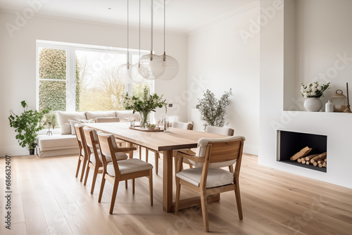 A spacious Scandinavian dining room with a traditional fireplace and a long wooden dining table. The room is bright and airy  with simple yet stylish chairs