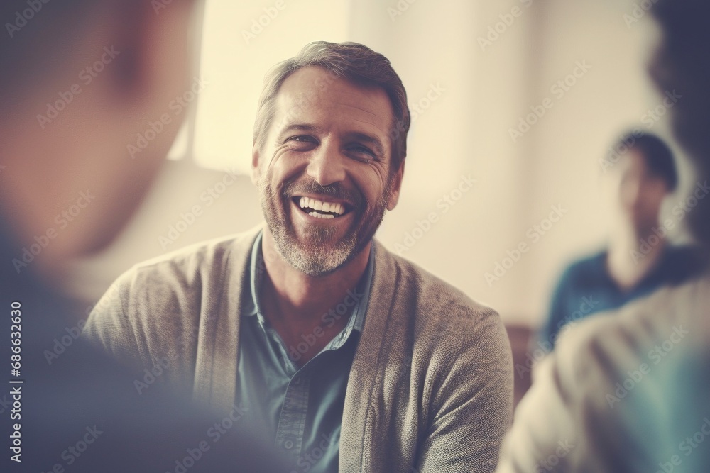 Therapeutic Presence: A professional therapist, plain backdrop, genuine compassion, comforting smile, highlighting the essence of mental health and the counseling process Therapeutic Presence: A professional therapist, plain backdrop, genuine compassion, comforting smile, highlighting the essence of mental health and the counseling process