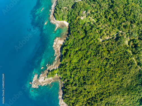 Aerial view drone shot of Tropical seashore in Phuket island thailand,Beautiful sea landscape background