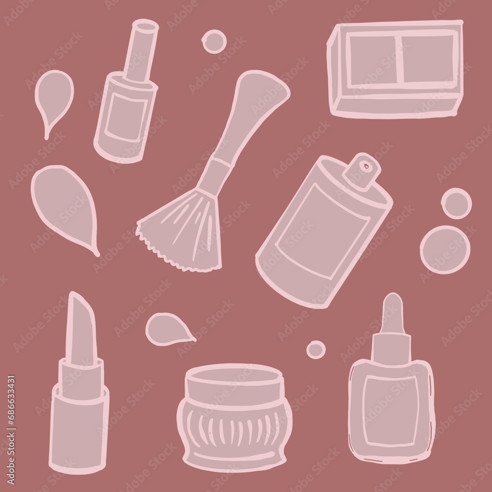 set of cosmetic products perfume, very fluffy makeup brush, eye shadow, eyebrow shadow, foundation, lipstick, face and body cream, nail polish, cosmetics, perfume, beauty sphere set of cosmetic products perfume, very fluffy makeup brush, eye shadow, eyebrow shadow, foundation, lipstick, face and body cream, nail polish, cosmetics, perfume, beauty sphere