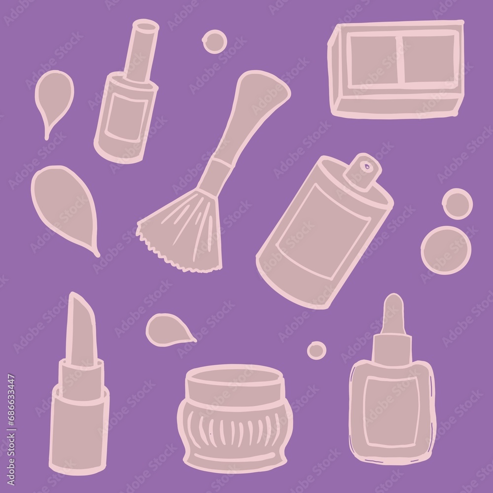 set of cosmetic products perfume, very fluffy makeup brush, eye shadow, eyebrow shadow, foundation, lipstick, face and body cream, nail polish, cosmetics, perfume, beauty sphere set of cosmetic products perfume, very fluffy makeup brush, eye shadow, eyebrow shadow, foundation, lipstick, face and body cream, nail polish, cosmetics, perfume, beauty sphere