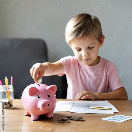 a child learns to save with his pink piggy bank