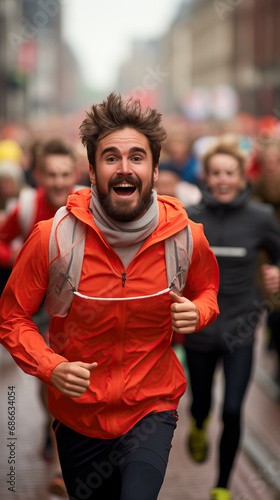 Smiling athlete man running in a crowd race in winter.