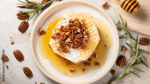 Baked Brie with candied pecans, rosemary, honeycomb on a plate. Minimalistic kitchen. An exquisite savory dish for a menu or recipe, light colors.