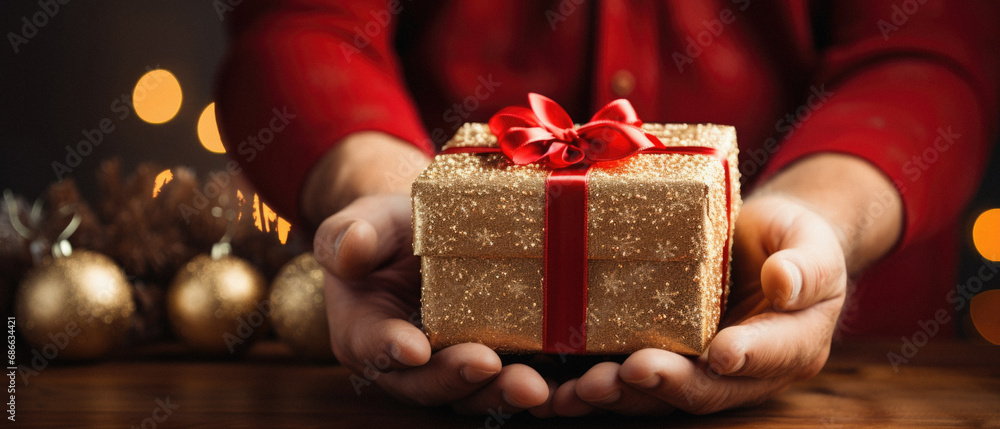 Male hands holding a golden gift box with a red ribbon. Christmas background.