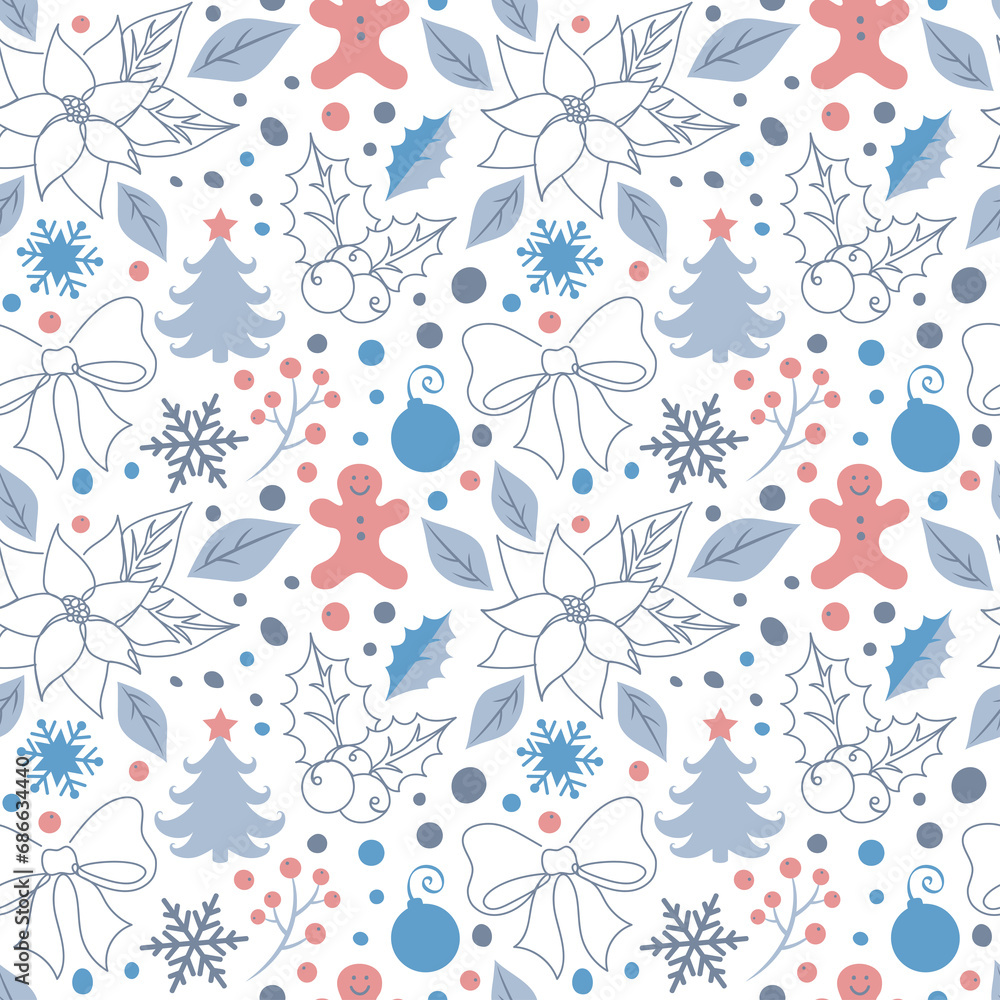 Naklejka premium Seamless pattern with Christmas details. Wrapping holiday paper. Isolated on white. 