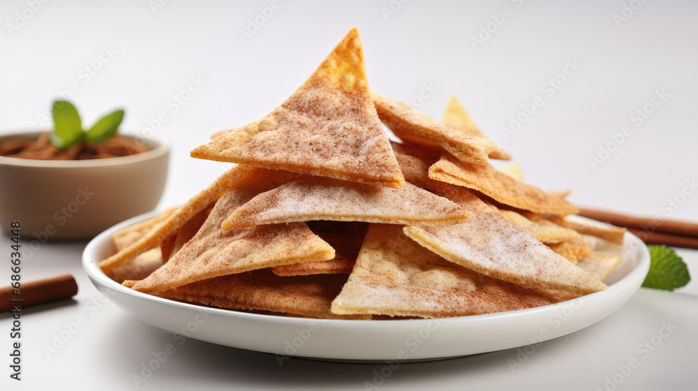 Baked Cinnamon Sugar Tortilla Chips in white bowl, sweet and crunchy chip snacks. Baked Cinnamon Sugar Tortilla Chips in white bowl, sweet and crunchy chip snacks.