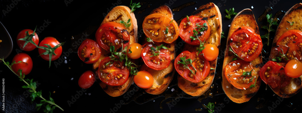 Panoramic Closeup of Slow-Roasted Hot Honey Tomato Crostini with caramely tomatoes roasted with thyme and hot honey.  An exquisite savory dish for a menu or recipe.