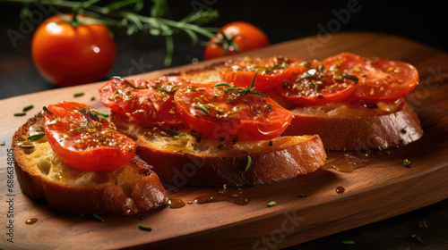 Closeup of Slow-Roasted Hot Honey Tomato Crostini with caramely tomatoes roasted with thyme, greens and hot honey. An exquisite savory dish for a menu or recipe.