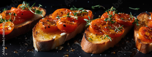 Panoramic Closeup of Slow-Roasted Hot Honey Tomato Crostini with caramely tomatoes roasted with thyme and hot honey. An exquisite savory dish for a menu or recipe.