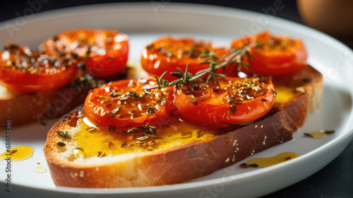 Closeup of Slow-Roasted Hot Honey Tomato Crostini with caramely tomatoes roasted with thyme and hot honey.  An exquisite savory dish for a menu or recipe.