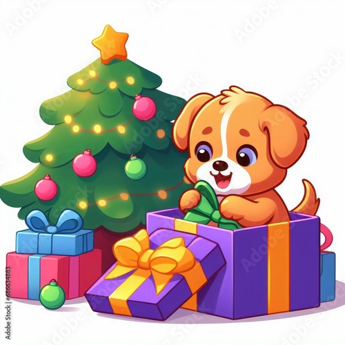 cute dog with santa hat and christmas gifts christmas background
