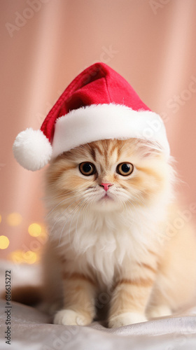 Cute persian kitten in Santa Claus hat on the bed.