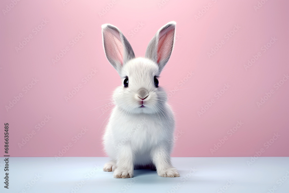 Studio portrait of cute rabbit with light and pastel background, happy bunny running on floor, adorable fluffy rabbit that sniffing.