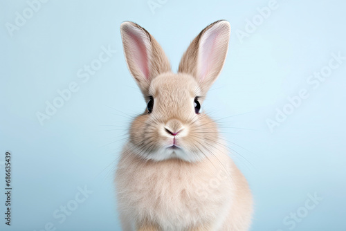 Studio portrait of cute rabbit with light and pastel background, happy bunny running on floor, adorable fluffy rabbit that sniffing. © TANATPON