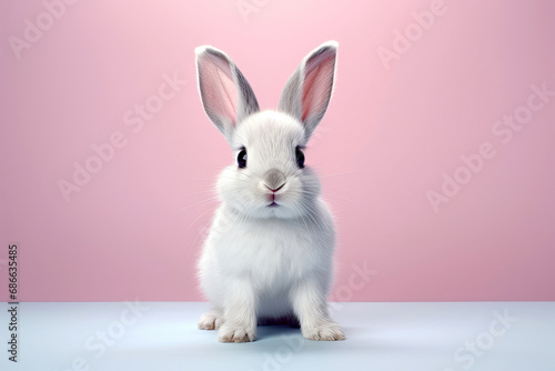 Studio portrait of cute rabbit with light and pastel background, happy bunny running on floor, adorable fluffy rabbit that sniffing.