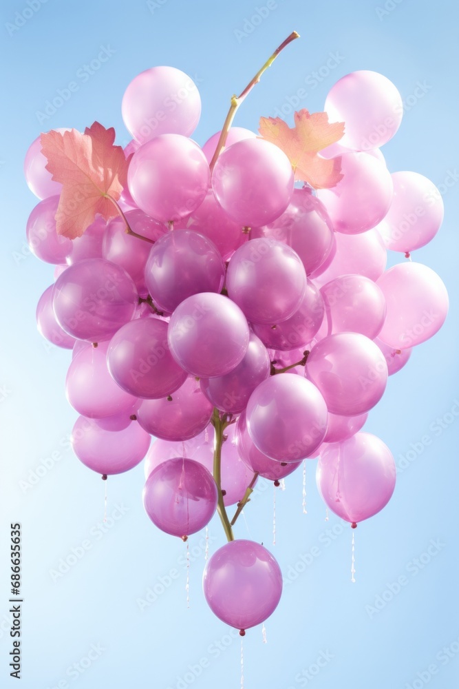 A cluster of pink balloons artistically arranged to mimic a grapevine, complete with leaves, against a clear blue sky