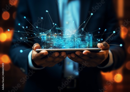 A businessman holding a tablet and looking at a virtual blockchain connection network with data fields floating around. Abstract cyber background