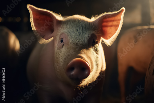 portrt of a pig in a pig farm in a neat and clean indoor livestock farm.