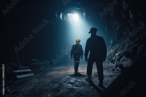uniformed engineers and workers walk around the plant using flashlights on their helmets. photo