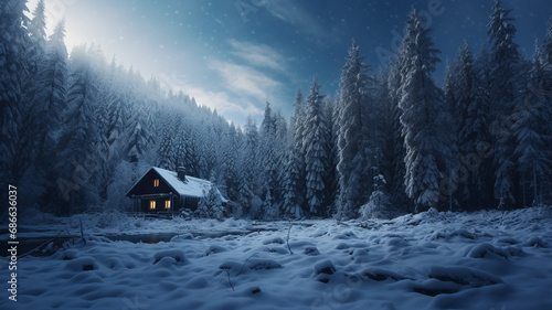 Cabin in snow forest in winter