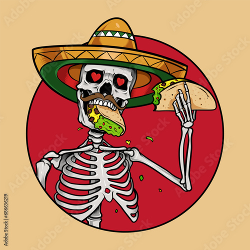Mexican skeleton with sombero eating taco illustration and tshirt design