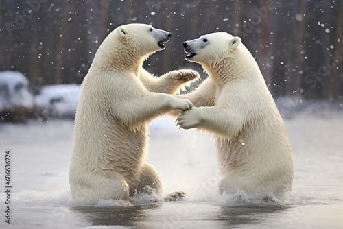 Cute polar bear playing together in the sea.