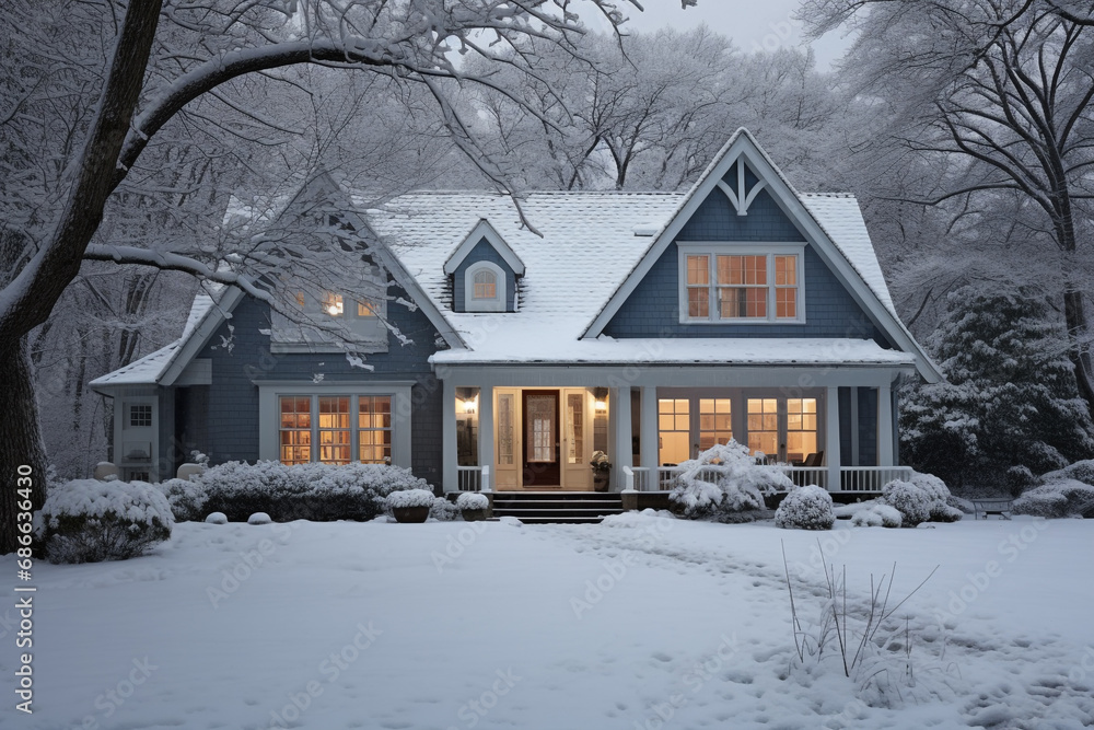 Naklejka premium Snow in front of house in winter.