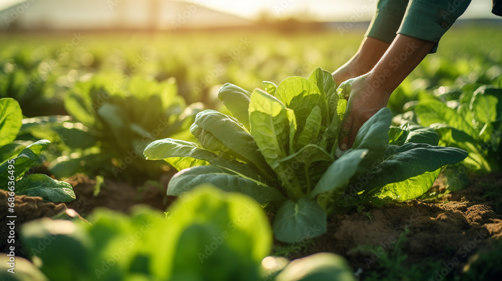 a male farmer holds lettuce in his hands on the background of a field with lettuce