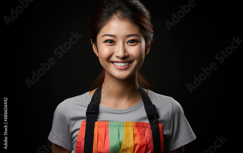 portrait of waitress, happy and smiling, in color clothing
