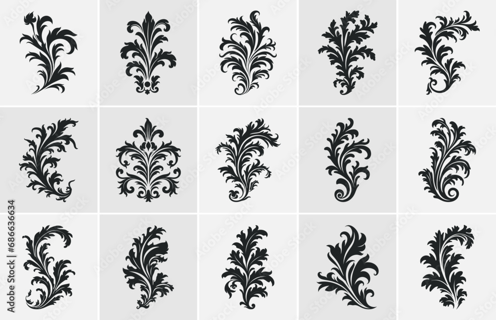 Acanthus Vector black silhouette set, Decorative Ornament element silhouette bundle - obrazy, fototapety, plakaty 