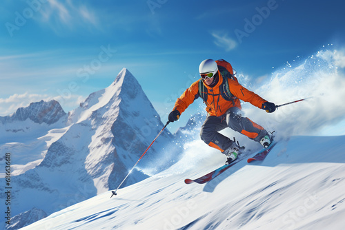 Sportman playing ski on mountain in the winter