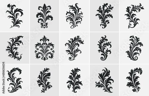 Acanthus Vector black silhouette set, Decorative Ornament element silhouette bundle photo