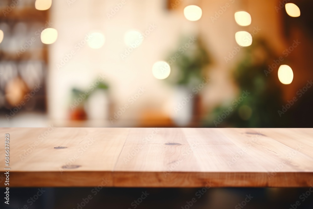 Side view of an unoccupied wooden table, serving as a promotional stage, against a blurred indoor backdrop—perfect for showcasing your product. Generated AI