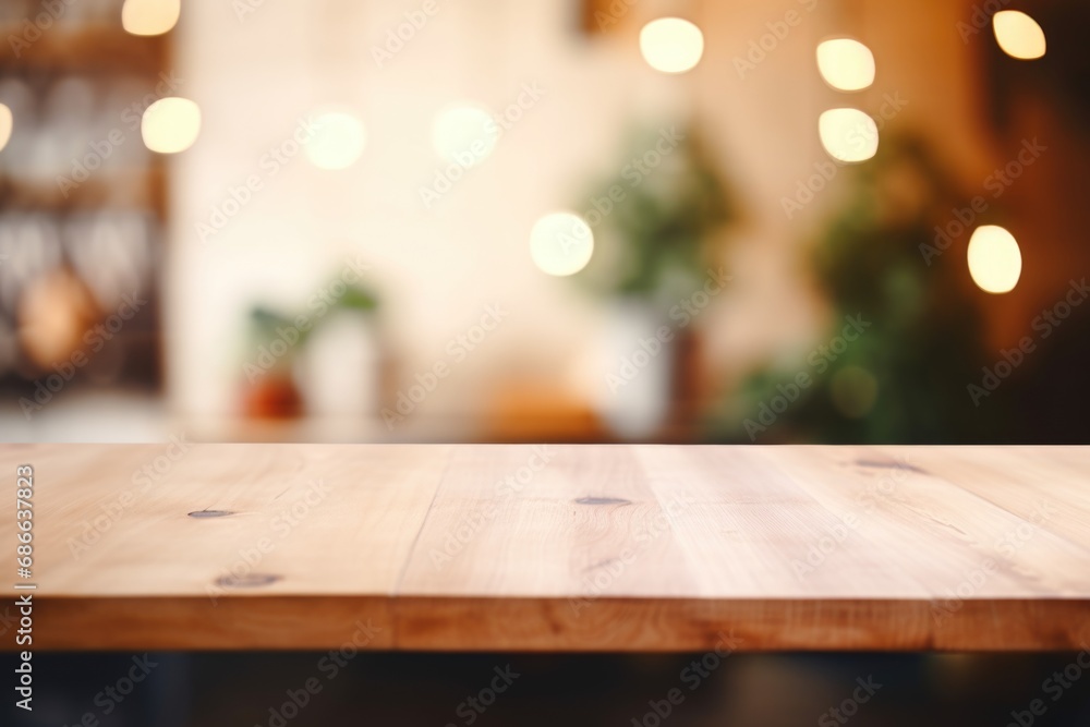 Side view of an unoccupied wooden table, serving as a promotional stage, against a blurred indoor backdrop—perfect for showcasing your product. Generated AI Side view of an unoccupied wooden table, serving as a promotional stage, against a blurred indoor backdrop—perfect for showcasing your product. Generated AI
