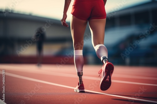 Strength in every stride: Witness the empowering sight of a woman's prosthetic legs on the running track. A testament to the boundless joy found in an active life despite disabilities. Generated AI photo