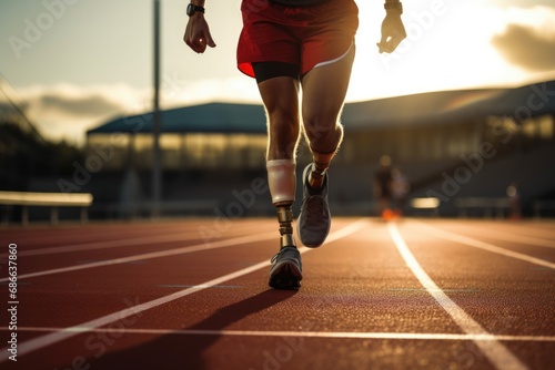 Defying limitations, man with prosthetic legs races across running track. His unwavering enthusiasm reflects vibrant lives of people with disabilities, showcasing beauty of active life. Generated AI photo
