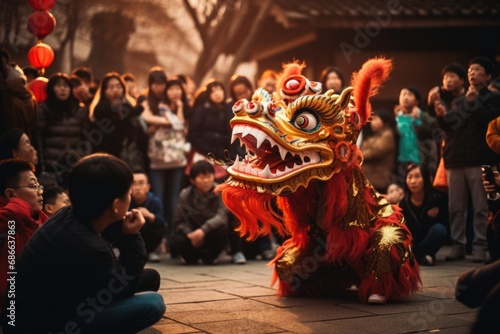 Vibrant Chinese New Year celebration captured in a photo. A performer in a mesmerizing dragon costume and mask dances energetically amidst a delighted crowd. Generated AI