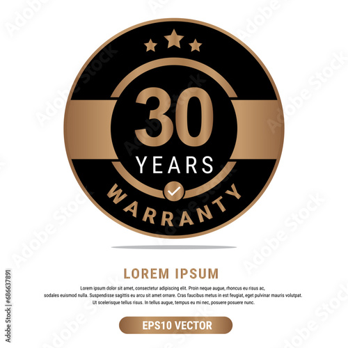 30 Year warranty vector art illustration in emas color with fantastic font and white background. Eps10 Vector