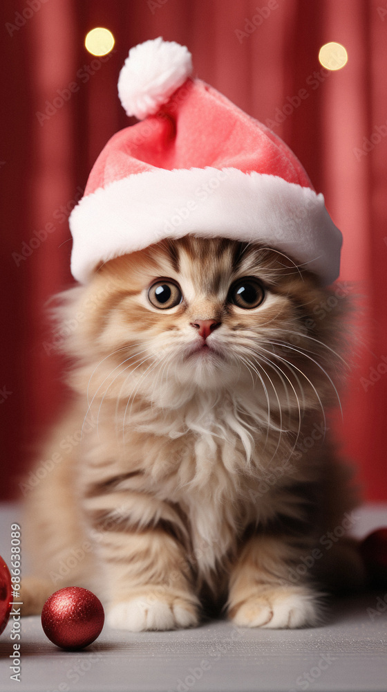Cute siberian kitten in christmas hat on light background. Cute siberian kitten in christmas hat on light background.