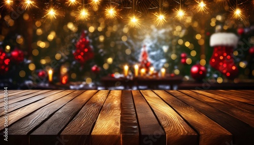 Empty Wooden Desk with Christmas Decorations